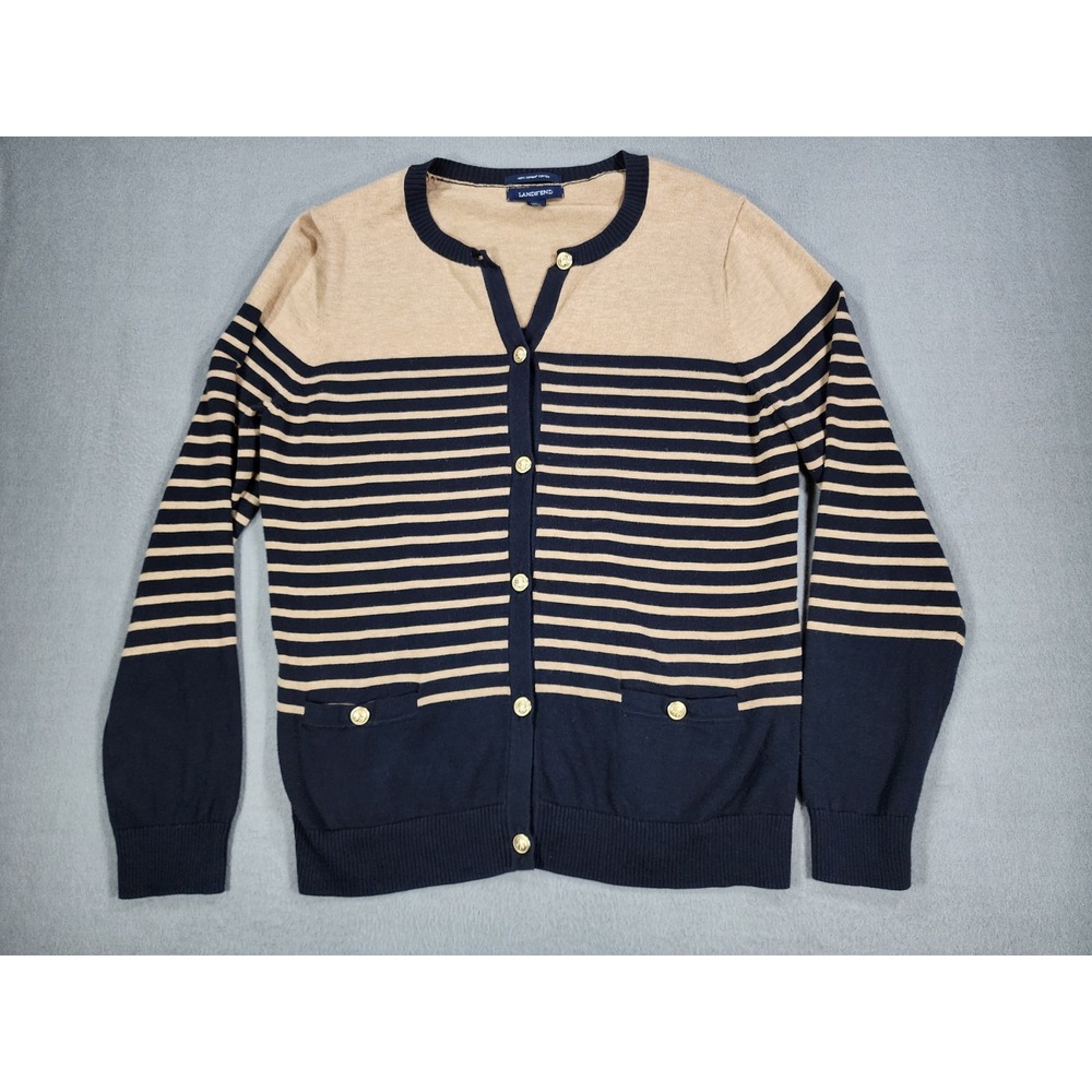 Lands End Medium Striped Button Cardigan Sweater 100% Supima Cotton Beige Black